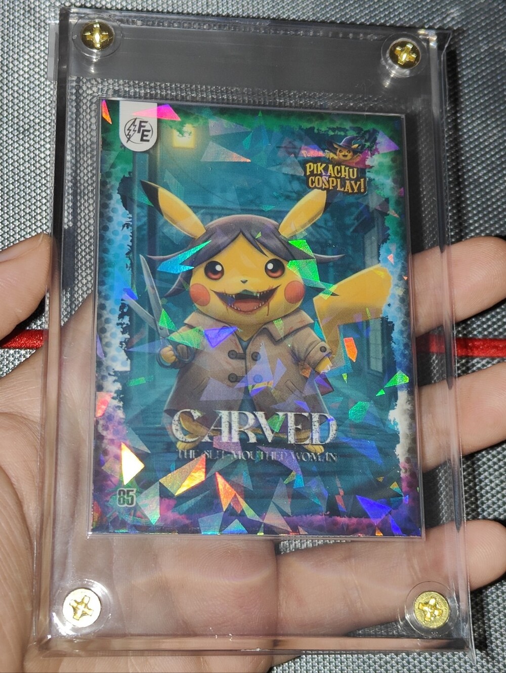 Carved The Slit Mouthed Woman holo encased Pikachu Cosplay Horror card Doujin